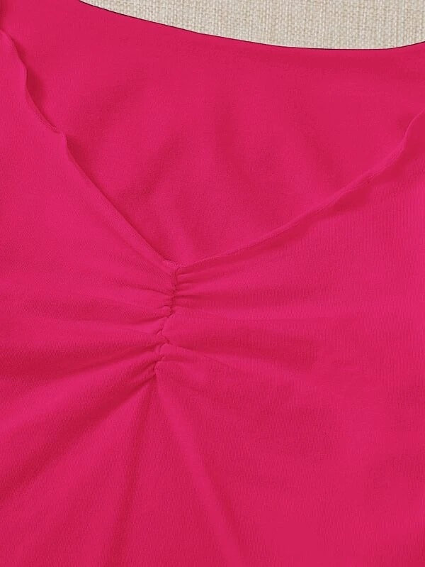 RUCHED LETTUCE-EDGE CROPPED-FUCHSIA PINK