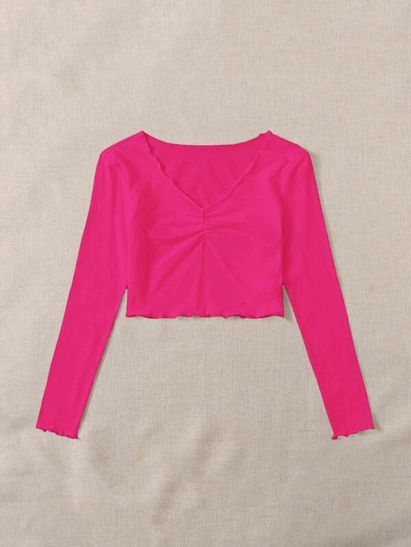 RUCHED LETTUCE-EDGE CROPPED-FUCHSIA PINK
