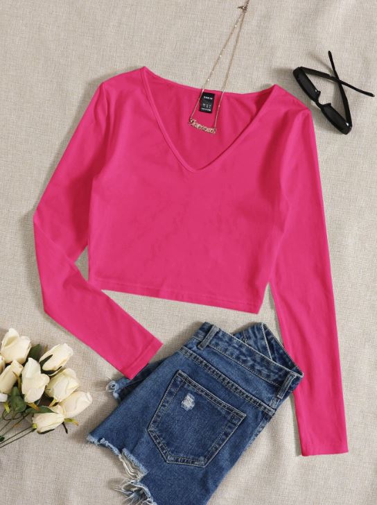 SOLID V NECK CROP TEE