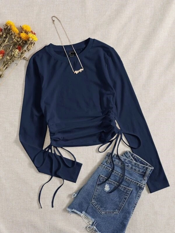 DRAWSTRING RUCHED SOLID FULL SLEEVE TEE-BLACK