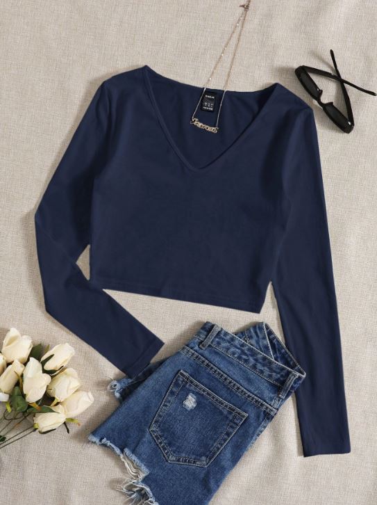 SOLID V NECK CROP TEE