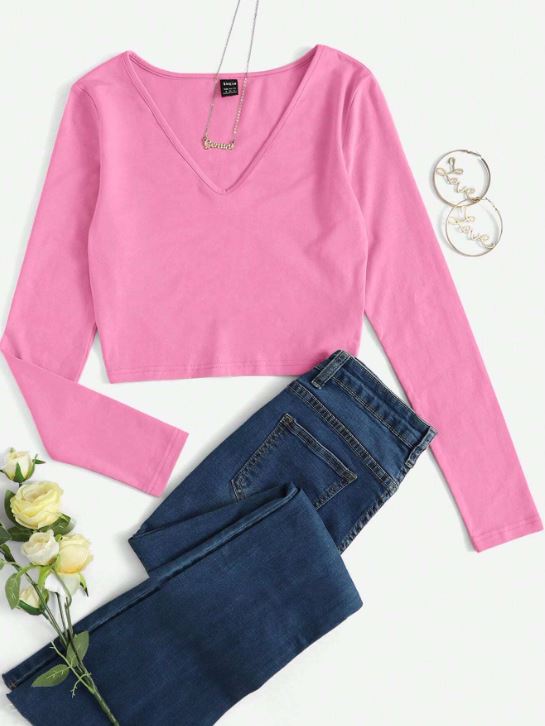 SOLID V NECK CROP TEE