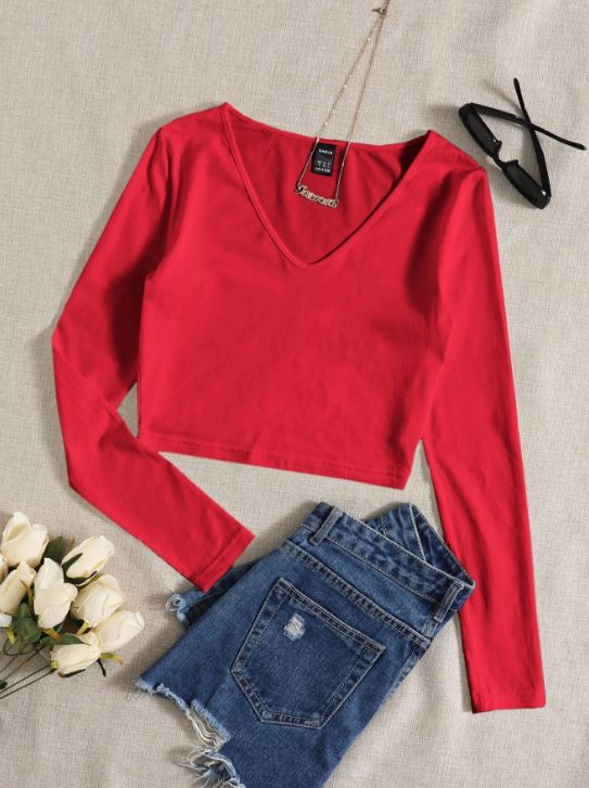 SOLID V NECK CROP TEE