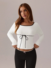 CONTRAST COLOR LACE TRIM DRAWSTRING NECK SOLID COLOR SLIM FIT LONG SLEEVE TOP