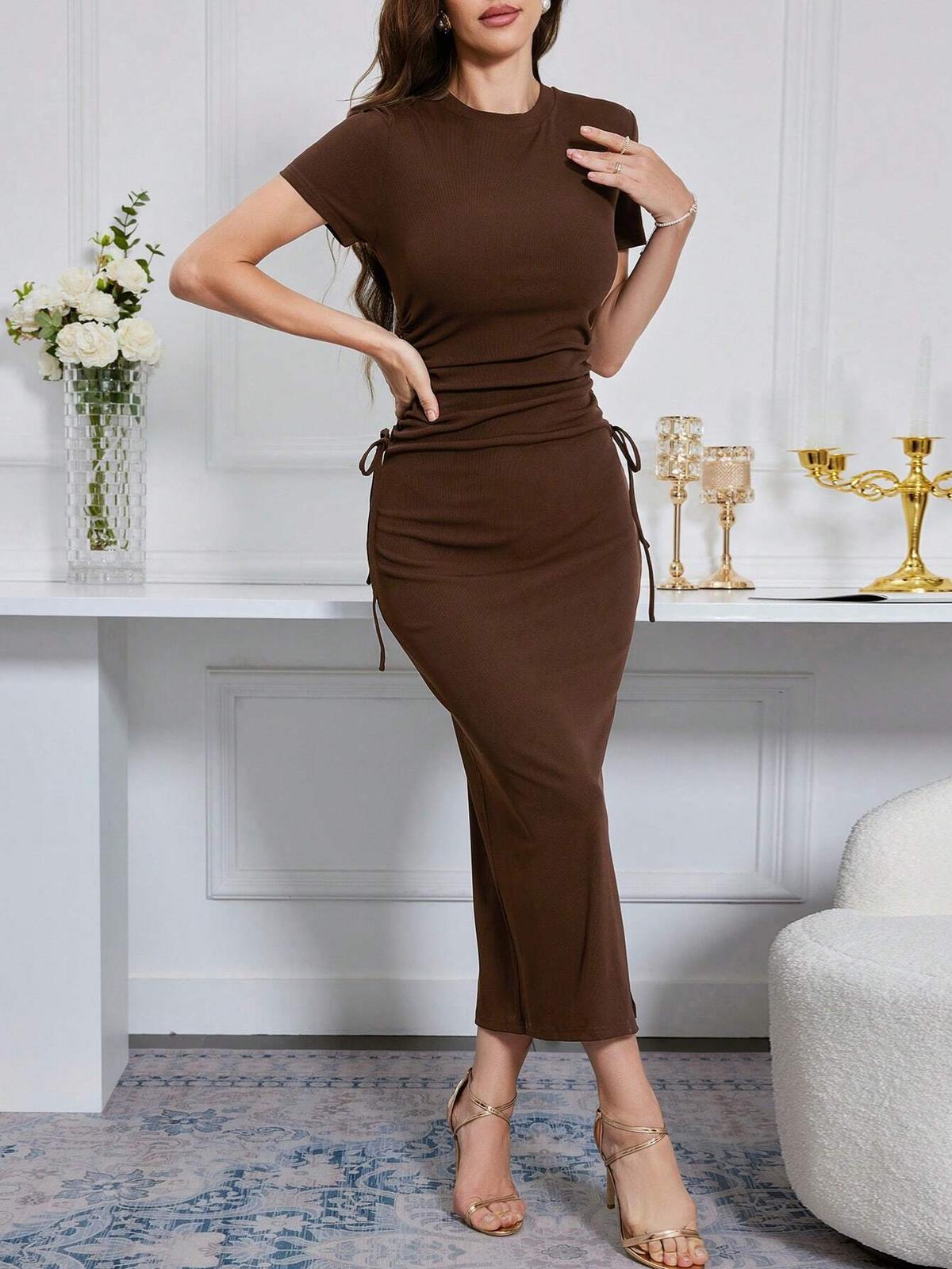 WOMEN'S ROUND NECK SHORT SLEEVE TIE WAIST SLIM FIT BODYCON DRESS