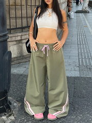 DRAWSTRING WAIST CONTRAST STRIPED CARGO WIDE LEG PANTS