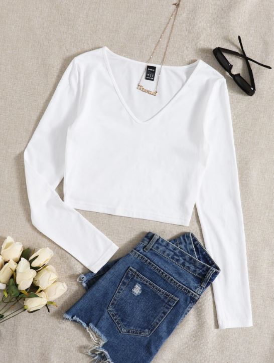 SOLID V NECK CROP TEE