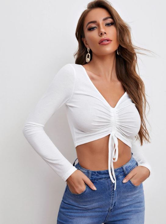 DRAWSTRING RUCHED FRONT CROP TOP