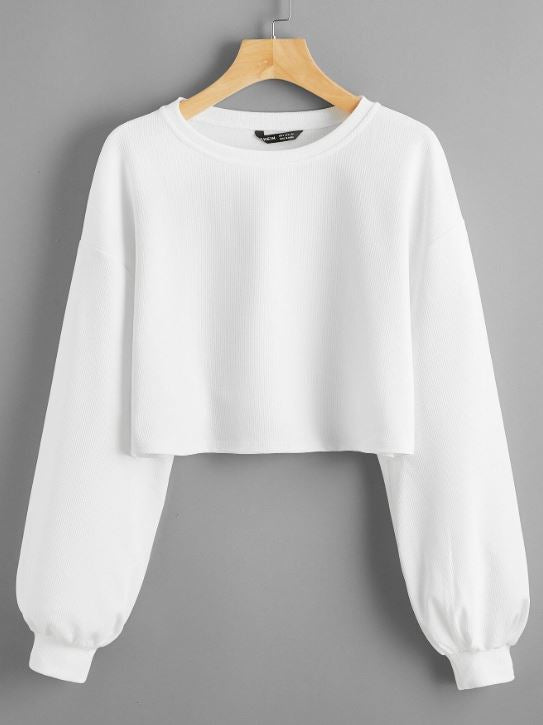SOLID DROP SHOULDER RIB-KNIT CROP TOP
