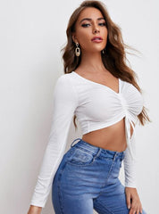 DRAWSTRING RUCHED FRONT CROP TOP