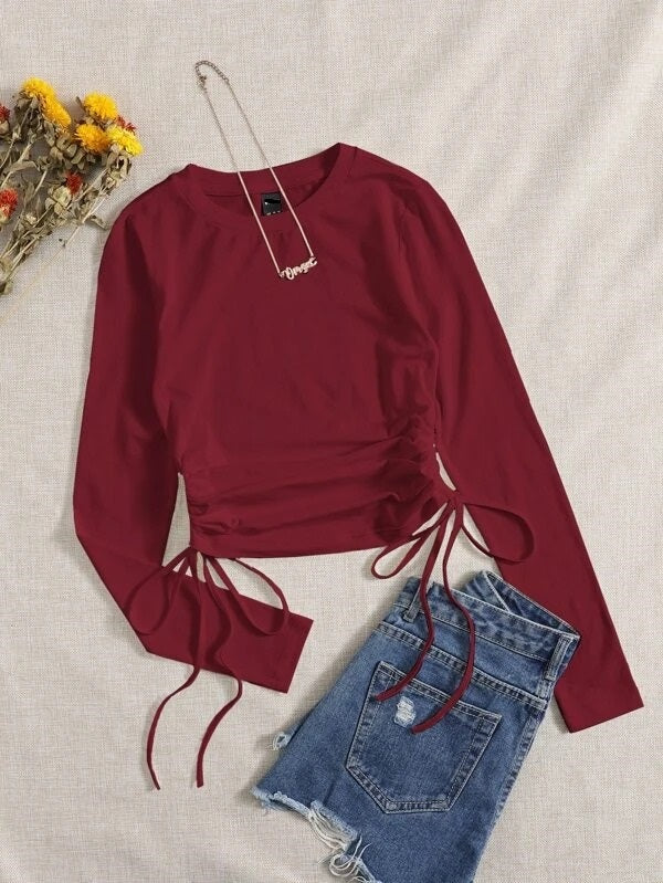 DRAWSTRING RUCHED SOLID FULL SLEEVE TEE-BLACK