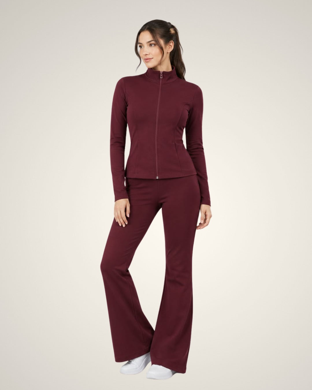 WOMEN’S WINE ZIP-UP SPORTS JACKET & FLARED PANTS SET – 2 PIECE GYM WEAR TRACKSUIT