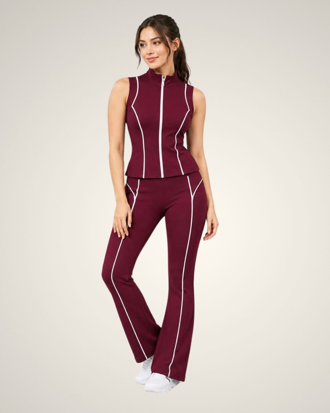WOMEN’S BURGUNDY CONTRAST PIPING SLEEVELESS GYM SET