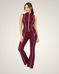 WOMEN’S BURGUNDY CONTRAST PIPING SLEEVELESS GYM SET