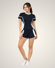 CONTRAST PIPING SHORT SLEEVE ACTIVEWEAR SHORTS SET