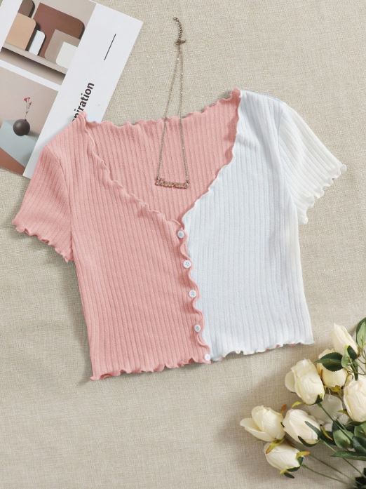 QUTIE TWO TONE LETTUCE TRIM TEE