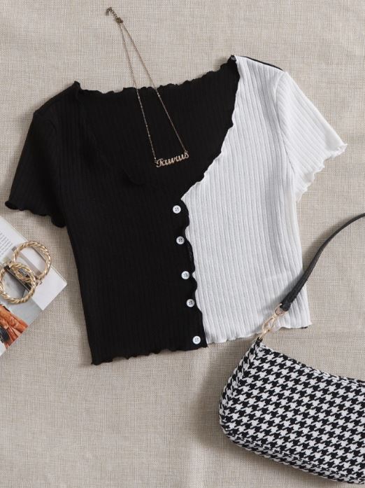 QUTIE TWO TONE LETTUCE TRIM TEE