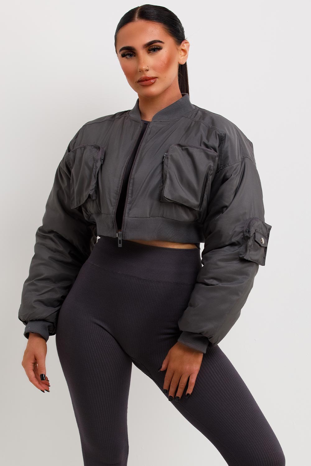 CROP BOMBER JACKET WITH POCKETS