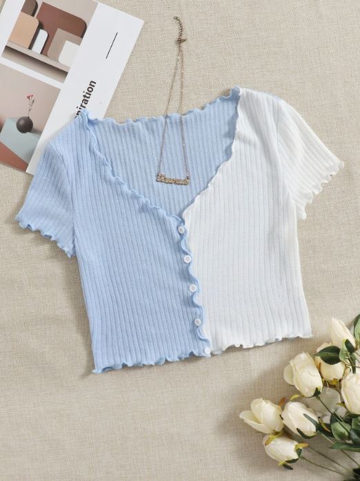 QUTIE TWO TONE LETTUCE TRIM TEE