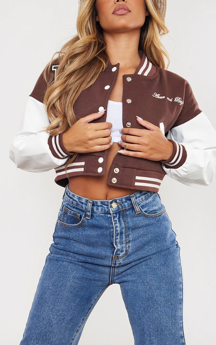 CROP CONTRAST SLEEVE VARSITY JACKET