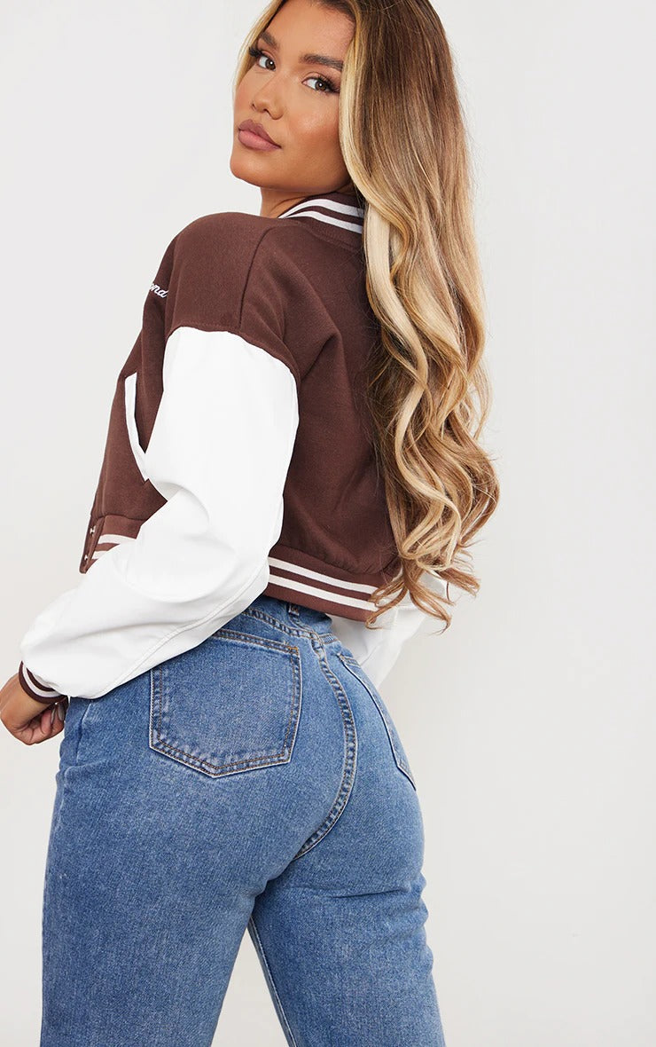 CROP CONTRAST SLEEVE VARSITY JACKET