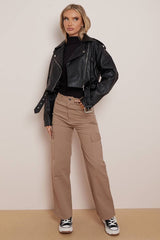 BLACK FAUX LEATHER BELTED ZIP UP BIKER JACKET