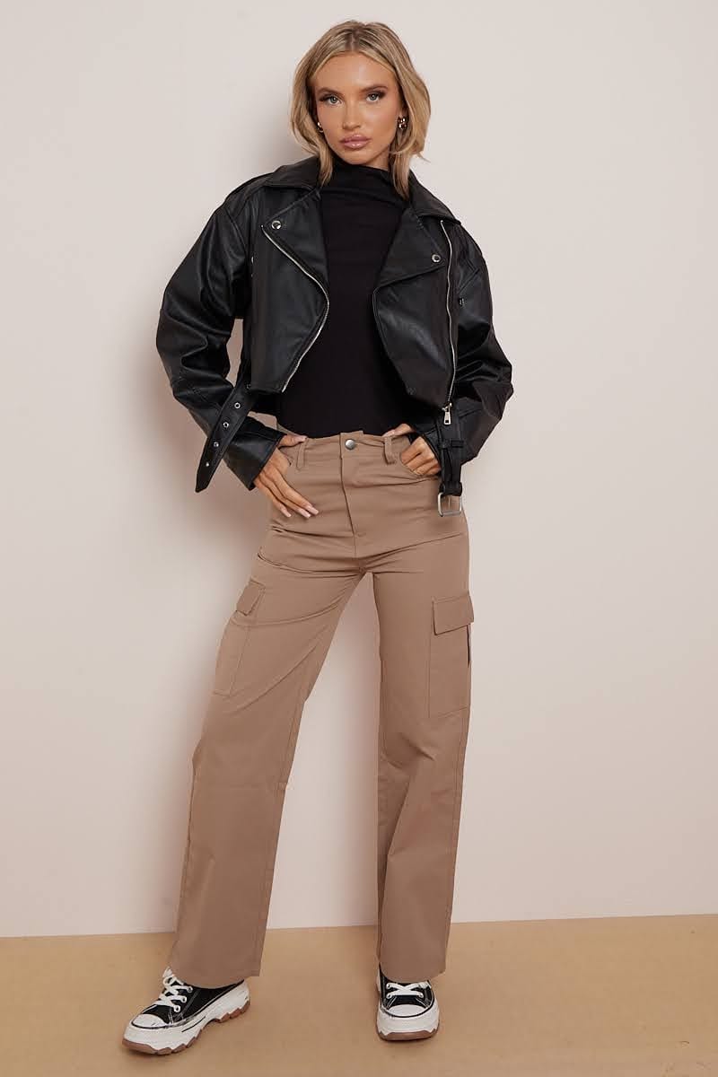 BLACK FAUX LEATHER BELTED ZIP UP BIKER JACKET