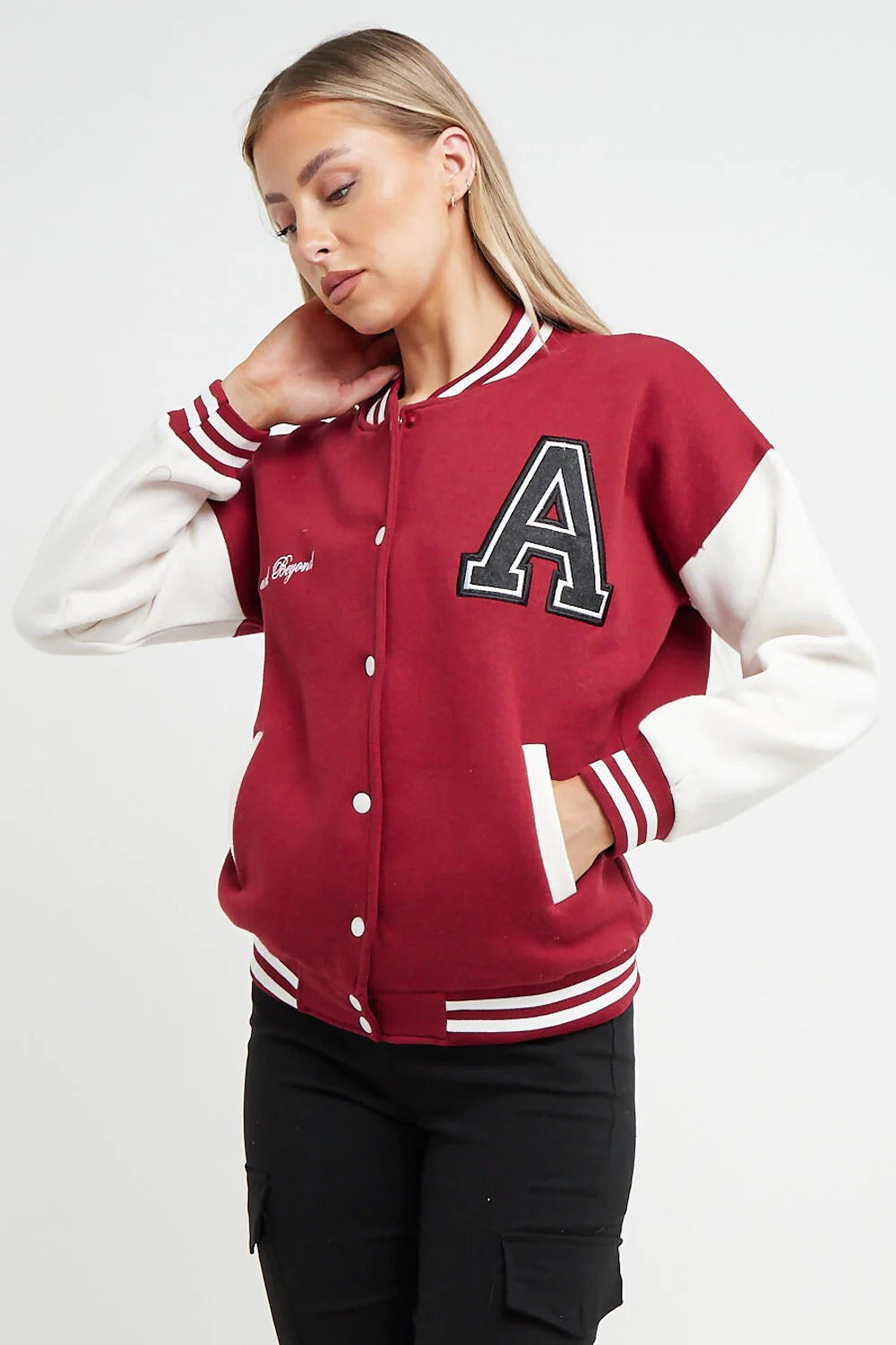 WINE LETTER PATCHED CONTRAST SLEEVE VARSITY JACKET